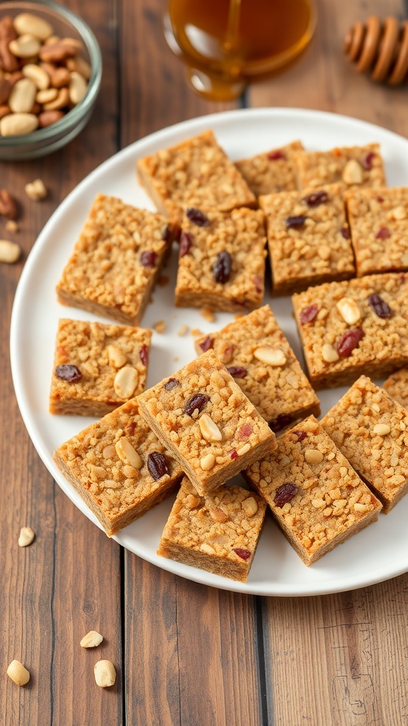 Nutty quinoa crunch bars on a plate, garnished with nuts and dried fruits, on a rustic wooden table.